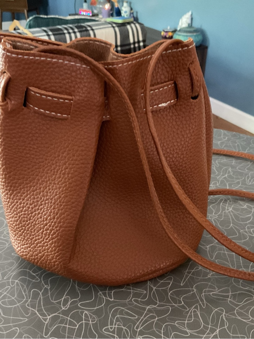 Women's Brown Leather Bucket Bag - Minimal Drawstring Shoulder Bag
